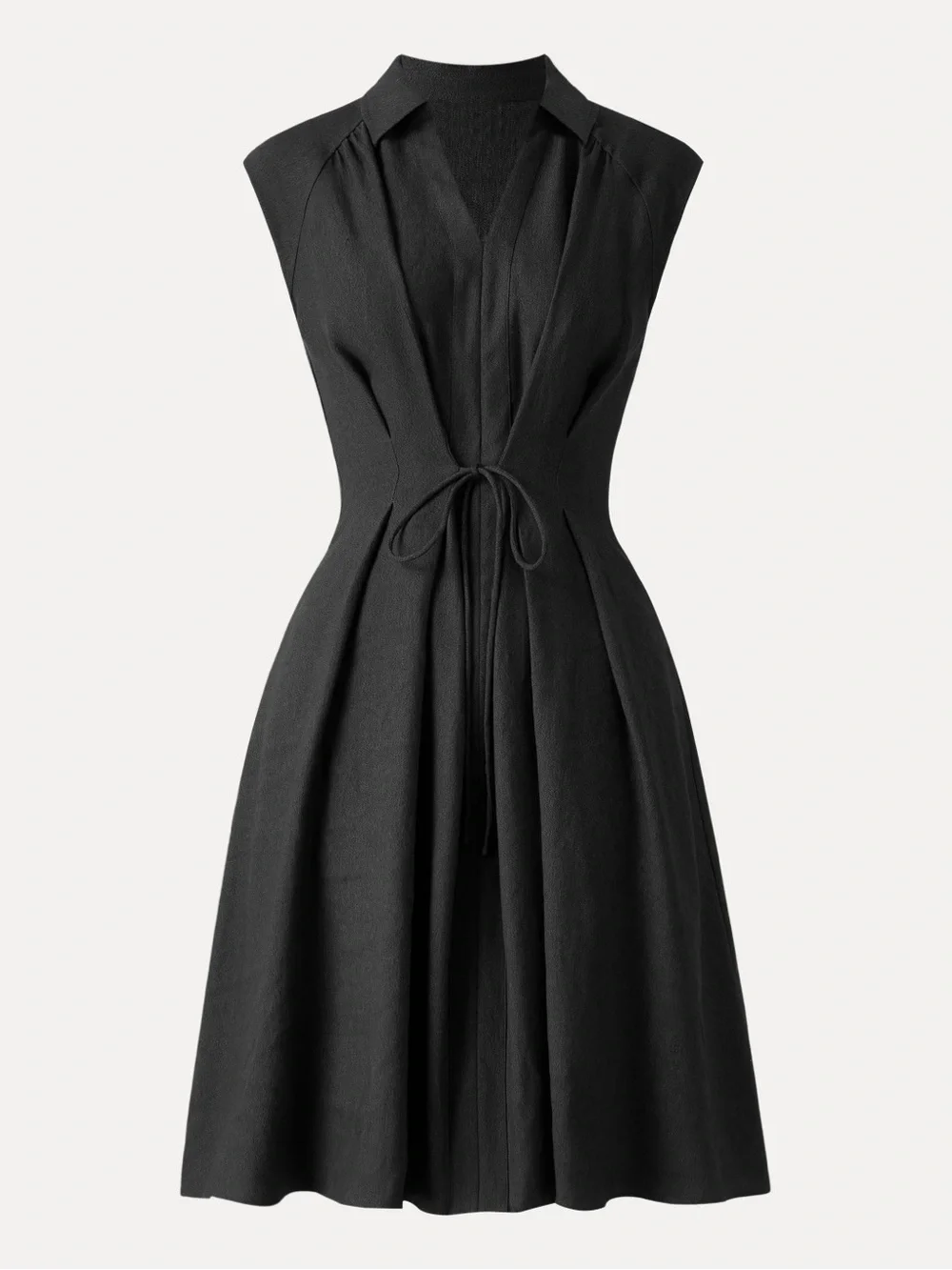 OGL | Viscose-Linen Collared V-neck Midi Dress with Drawstring Black | Medium